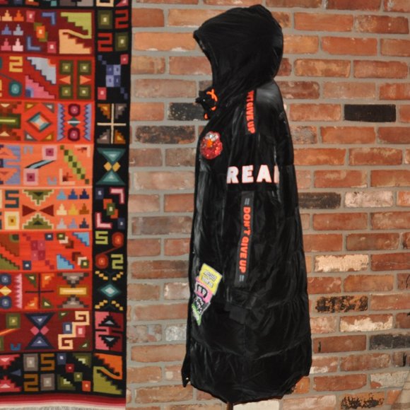 Black Silky Velvet Puffer Long Coat Sequin Pikachu Elmo DREAM "Don't Give Up" M - Picture 12 of 15